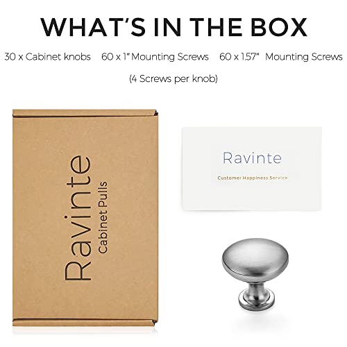 Ravinte 30 Pack Brushed Nickel Round Knobs & 50 Pack 25 Pairs 1/2 Inch Overlay Satin Nickel Semi-Concealed Cabinet Door Hinges With Door Bumpers, Screwdriver #TOP2
