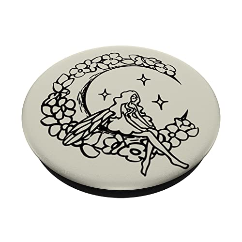 Coquette Fairy sits in Crescent Moon with Flowers PopSockets Swappable PopGrip, Black - Image 2