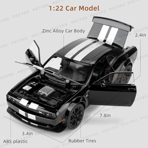 Image of 1:22 Dodge Challenger SRT Hellcat Die Cast Toy Car with Sound Light Pull Back Action Model Vehicle for Kids & Collectors Realistic Design Great Gift for Car Enthusiasts (Black)