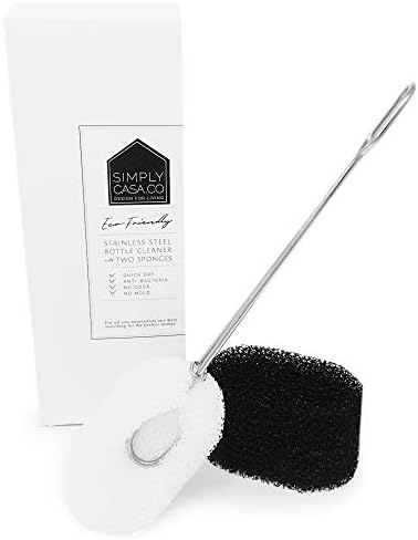 SIMPLYCASA Bottle & Glass Cup Sponge Cleaner, Stainless Steel Handle with 2 Refill Black & White Sponges