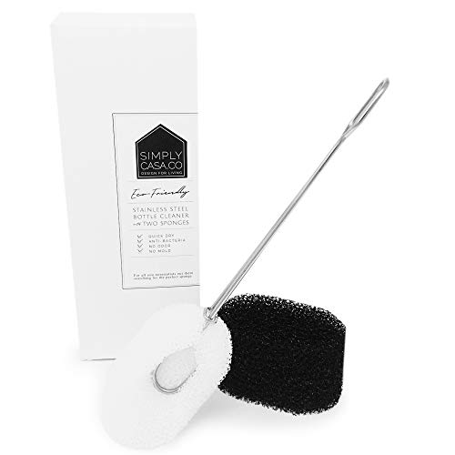 Simplycasa Bottle & Glass Cup Sponge Cleaner, Stainless Steel Handle With 2 Refill Black & White Sponges #TOP2