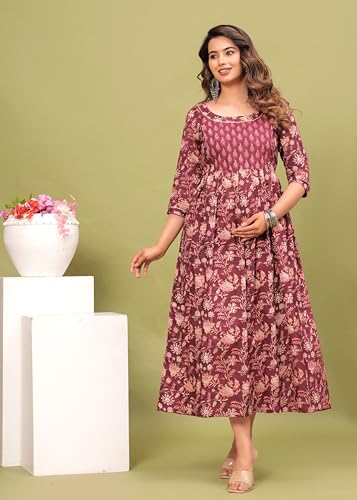 Image of Maternity Feeding Kurti for Women | Cotton Blend Anarkali Dress with Nursing Zip for Pre & Post Pregnancy