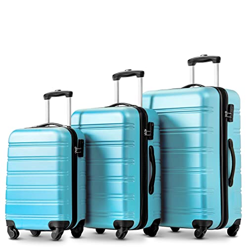 Maleta - Juego de 3, viaje extensible rígido ABS Conjuntos de equipaje con 4 ruedas silenciosas 360°, y cerradura TSA, M L XL gran tamaño cabina Trolley Sets, azul, M/L/XL, A