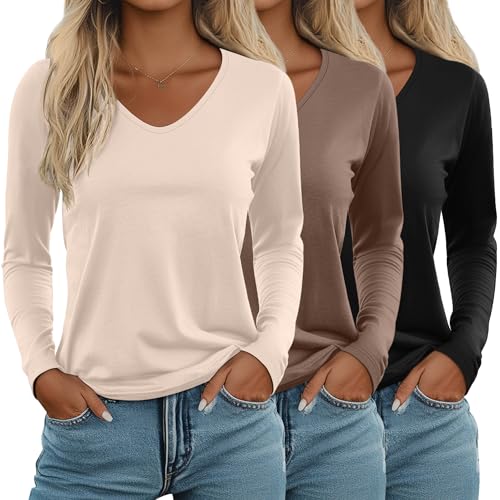 Ficerd 3 Pack Women's Long Sleeve T Shirts, V Neck