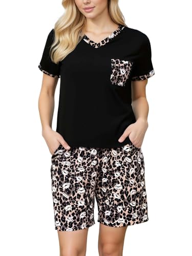 YUSHOW Schlafanzug Damen Kurz Damen Schlafshirt V-Ausschnitt Brusttasche Weich Pyjamahose mit Kordelzug Kurzer Pyjama Frauen Zweiteiliger Sommer Comfy Nachtwäsche Hausanzug Set