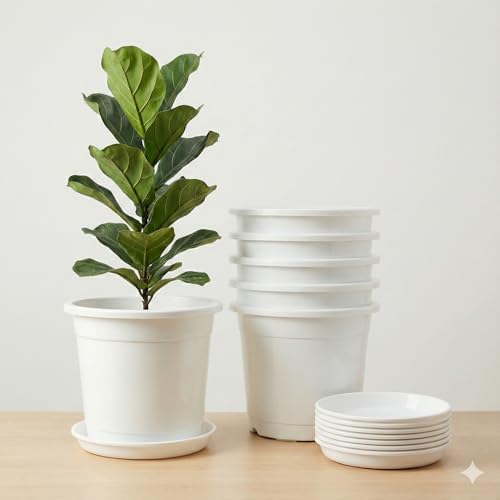 Image of 12 Inch Glossy White Plastic Planter with Bottom Plate | Heavy Duty Flower Pot with Tray for Indoor Home Decor, Balcony, Living Room & Outdoor Garden (6 Pot, White)