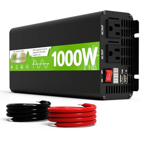 Image of Minghaoxin 1000W Pure Sine Wave Inverter 12V DC to 110/120V AC (2000W Peak) - LED Display, Dual USB 3.4A, Aluminum Housing, 95% Efficiency - Compact Power Inverter for RV Home Solar