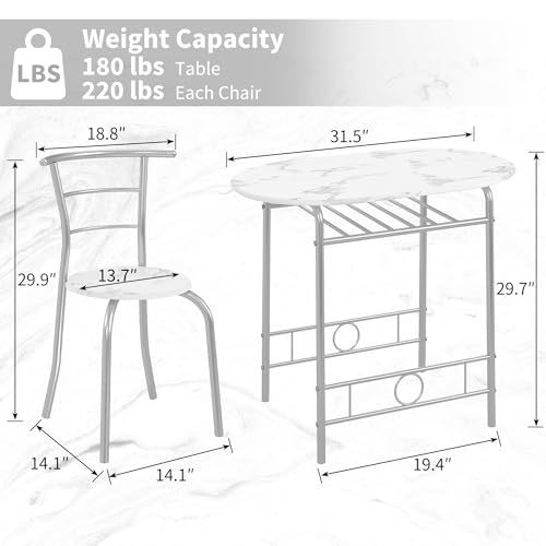 Image of VECELO 3-Piece Dining Table Set for Kitchen Breakfast Nook, Faux Marbled Oval Tabletop and Metal Frame with Built-in Wine Rack, for Small Spaces, White & Silver