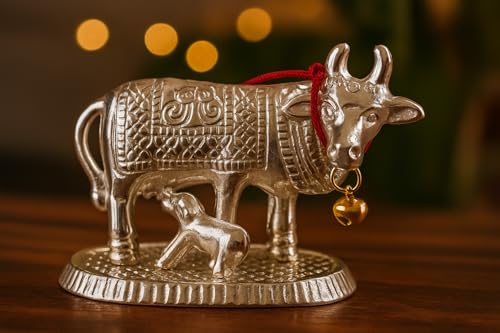 Image of Kamdhenu Cow and Calf Statue | Silver Matte Finish Decorative Murti Decorative | Handcrafted Holy Idol | Vastu Spiritual Showpiece | Home Office Decor | Housewarming Diwali Gift