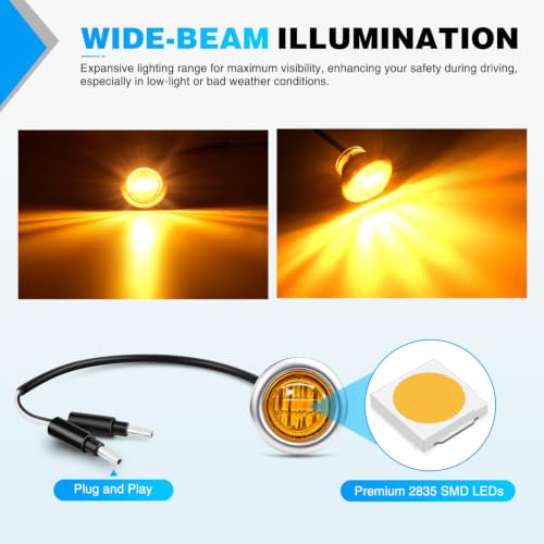 Image of Nilight 3 /4 inch Round Marker Lights 10PCS Amber with 304 Stainless Steel Bezel | Side Bullet Clearance Light with IP68 Waterproof Hardwired 2 Wire Connectors and Bright LED for 12V Trailer Truck Camper Boat