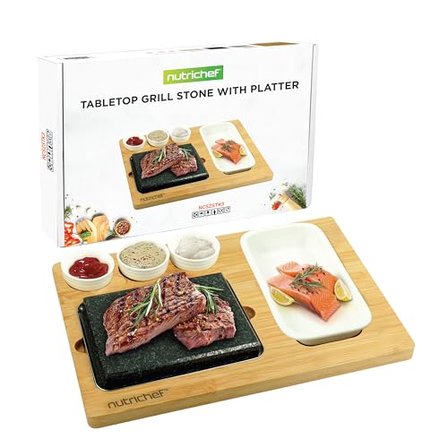 NutriChef Steak Stone Grill Hot Stones Steak Set with Bamboo Platter Stainless Steel Tray and Ceramic Sauce Bowls Good for Indoor Outdoor Dining Cooking Parties and Gifts