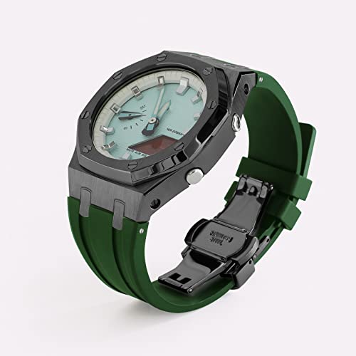 Image of GA2100 Stainless Steel Watch Case with Metal Watchband and Rubber Strap Mod Kit - Compatible with GA-2100 /GA-2110 /GA-B2100 Series - Watch Part Replacement