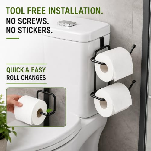 Image of Basicwise Over-the-Side Tank Double Toilet Paper Holder Compact Modern Bathroom Organizer Practical Storage Rack for Extra Rolls Offering Quick & Easy Access for Everyday Use Neat Space Accent, Black