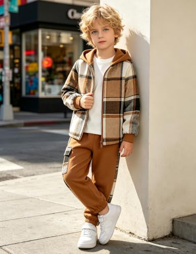 Image of Toddler Boy Clothes Plaid Hooded Shirt White T-shirt Top and Solid Color Pants 3Pcs Winter Boys Clothes
