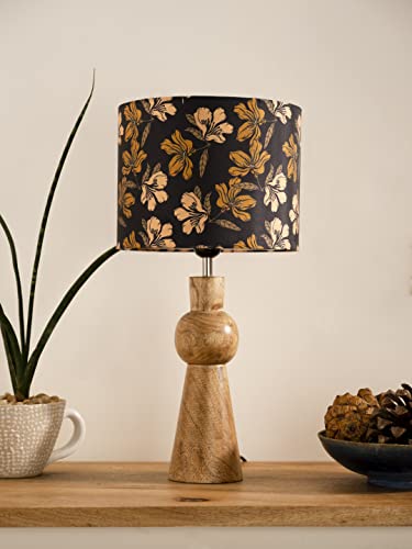 Image of Green Girgit Wooden Skirt Lamp with Multicolor Black Floral Shade