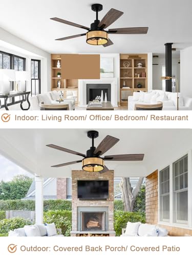Image of 52 Inch Boho Ceiling Fan with Lights Remote Rattan Caged Chandelier Fan Farmhouse Rustic Fandelier, 5 Dual Blades, Reversible Quiet DC Motor 6 Wind Speeds Timer for Bedroom Patio