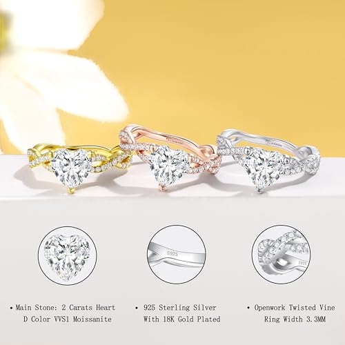 SILVERNANA 2ct Heart Moissanite Engagement Ring for Women 925 Gold Plated Sterling Silver Twisted Vine Pave Band Heart Solitaire Promise Ring for Her Size 6 — view 2
