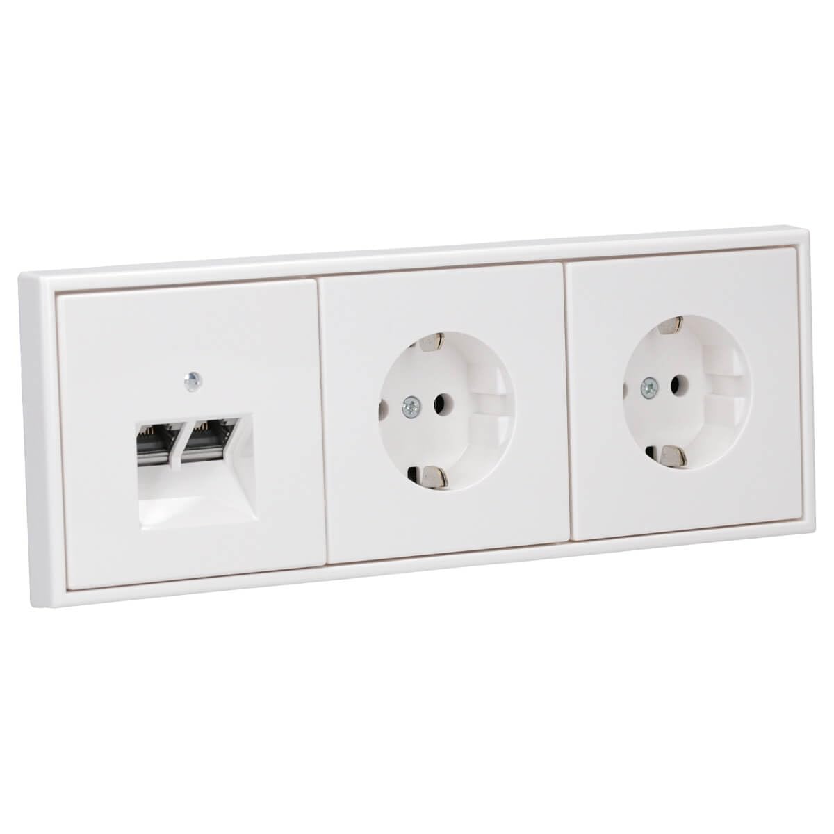 JUNG Serie LS Cat.6A Doppel-Netzwerkdose & 2 Steckdosen Alpinweiß | mit Cat.6A UAE-Anschlussdose, LS969-2UAWW Abdeckung, 2× LS1520WW SCHUKO Steckdosen, LS983WW Rahmen 3-fach