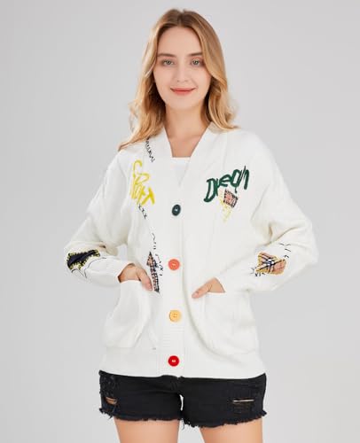 Image of utcoco Womens Open Front Cardigan Cable Knit Long Sleeve Button Down Embroidery Cardigan Sweaters