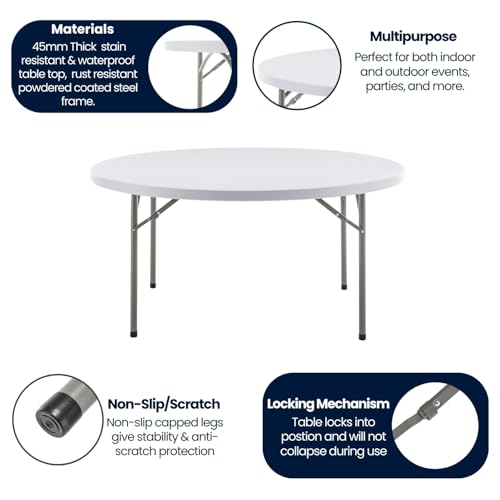 Image of BTEXPERT White 5 Ft 60inch Round Plastic Folding Table Full Top Commercial Portable Indoor Outdoor Accessory for Patio Backyard Dining Wedding Party Events Home Kitchen