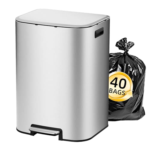 Image of KUK 16 Gallon Kitchen Trash Can with Lid, Heavy Duty Hands-Free Stainless Steel Commercial Step Trash Bin with Removable Inner Bucket, Pedal Rubbish Bin for Home Office and Kitchen, 60L /16Gal