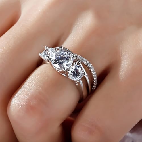 Jeulia 3-Stone Wedding Engagement Ring Set for Women, Sterling Silver Round Cut 2pcs Crossover Bridal Set CZ Promise Band Ring Anniversary Romantic Jewelry Gift with Box4