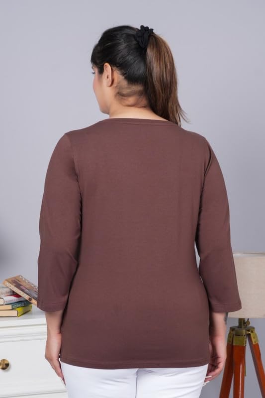 Image of Mlada V-Neck Cotton 3 /4th Sleeves Tshirt for Women | Stretchable Regualr Fit Solid Cotton Tshirts | Casual 3 /4th Sleeves Tshirts for Women Office Wear | Solid Round Neck Tshirt