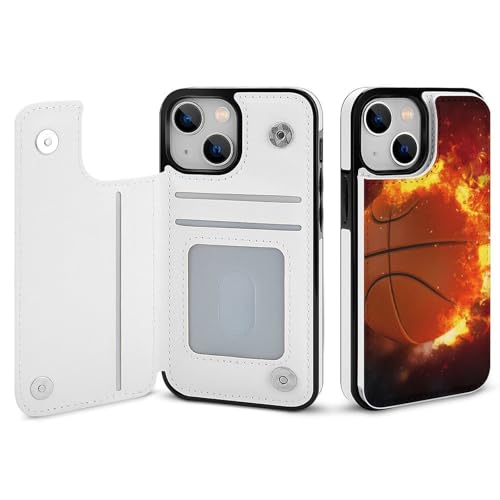 適用 iPhone15Plus用ケース 手帳型 バスケットボール 火 スマホケース カード収納 スタンド機能 アイフォン15Plusケース 耐衝撃 PUレザー カバー 財布型 Case