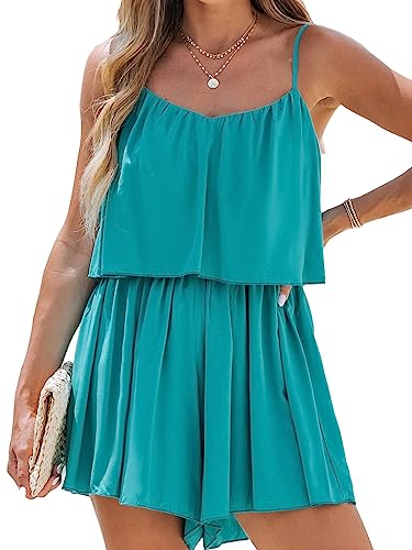CUPSHE Women's Scoop Neck Shirring Teal Adjustable Cami Short Romper Elastic Waist Summer Casual Overalls Mini Jumpsuit