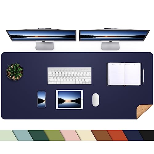 Leather Desk pad Protector, Large Desk mat with Natural Cork & PU Leather,Mouse pad,Non-Slip Office Desk Mat,Waterproof Desk Writing Pad for Office and Home (47in*17in, Blue)