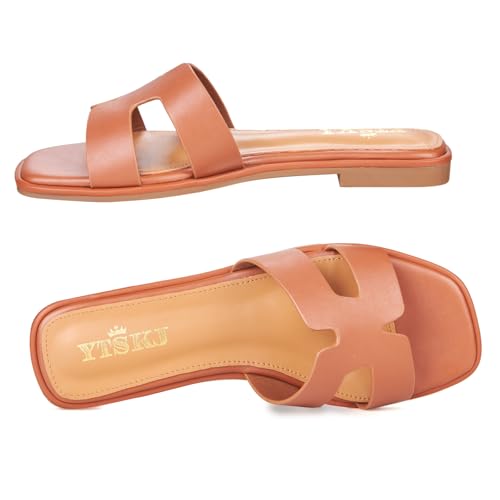 Sandals for Women 2025 Dressy Cute Summer Flat Slides Comfortable Soft Leather for Ladies Casual Square Open Toe Slip On Beach Sandals4