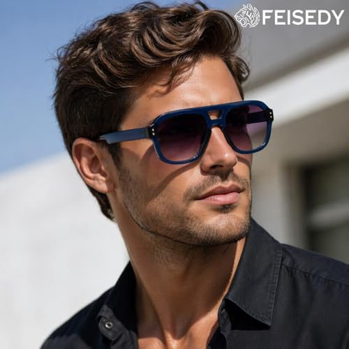 Image of FEISEDY Vintage Aviator Sunglasses Double Bridge Women Men Large Square Thick Frame Trendy Eyewear UV400 B2846