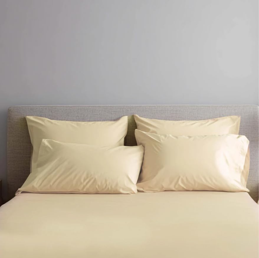 Image of Loom Butter Yellow Fitted Percale Temperature Regulating Bedsheet Set - 100% Cotton, Soft Bedsheet 106x106 in + Pillow Covers 18x27 in, Lightweight Bed Linen for All Seasons