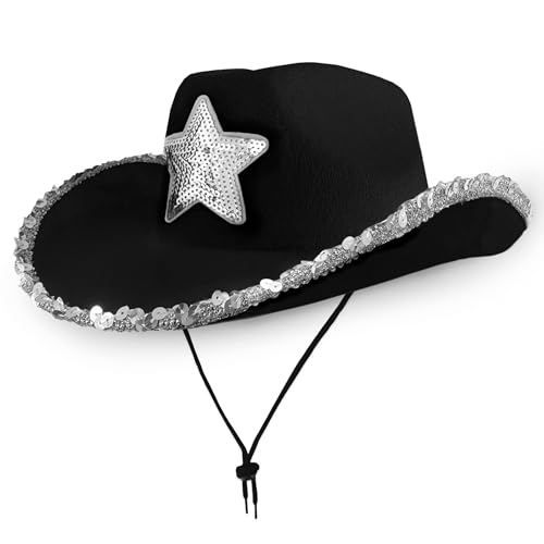Cowboy Hats Cowboy Unisex Felt Western (1x Black Hat with Silver Sequin Star) Texas Texan Costume Accessories for Men, Women, Adults Wild West Fancy Dress Party