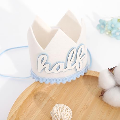 WAUAO Half Birthday Crown - Baby 1/2 Birthday Hat,6 Months Decorations, Party Hat Outfit for Cake Smash Props (Blue&White)