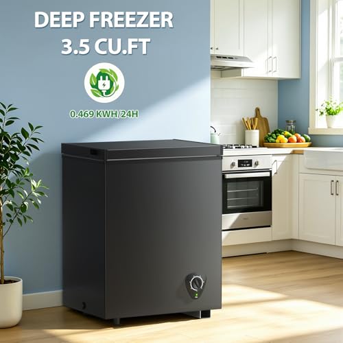 Image of Deep 3.5 Cu.ft Freezer Top Door with Basket, 7 Temperature Control, Chest Freezer for Home Kitchen Office Dorm Apartment Indoor Use, Black