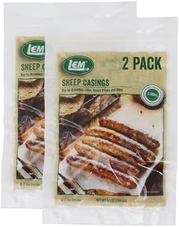 LEM Products Natural Sheep Casings, 19–21mm Edible Sausage Casings for Snack Sticks, Hot Dogs, Breakfast Sausage, Pepperoni, Salami, Homemade Sausages, Stuffs Approx. 30 lbs, 5.1 Ounce Package, 2 Pack