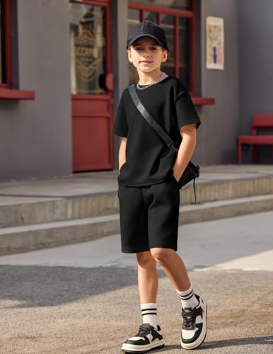 Image of Arshiner Boys Drop Shoulder T-Shirt & Drawstring Waist Shorts Summer Casual Outfits (5-12 Years)