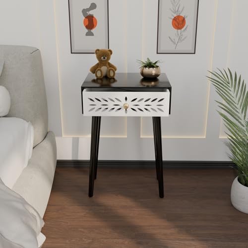 Image of Ereteken ART Nightstand Bedroom Carved Beside Table Made of MDF, Night Stand with 1 Drawers end Table for Bedroom /Living Room-White (Black)