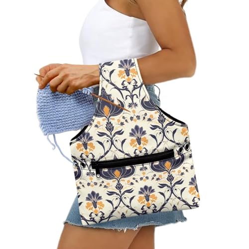 Image of ZUXONGSY Damask Floral Knot Yarn Tote Bags for CrochetingH Portable Yarn Bags for Crocheting on The Go Travel Yarn Storage Handbag
