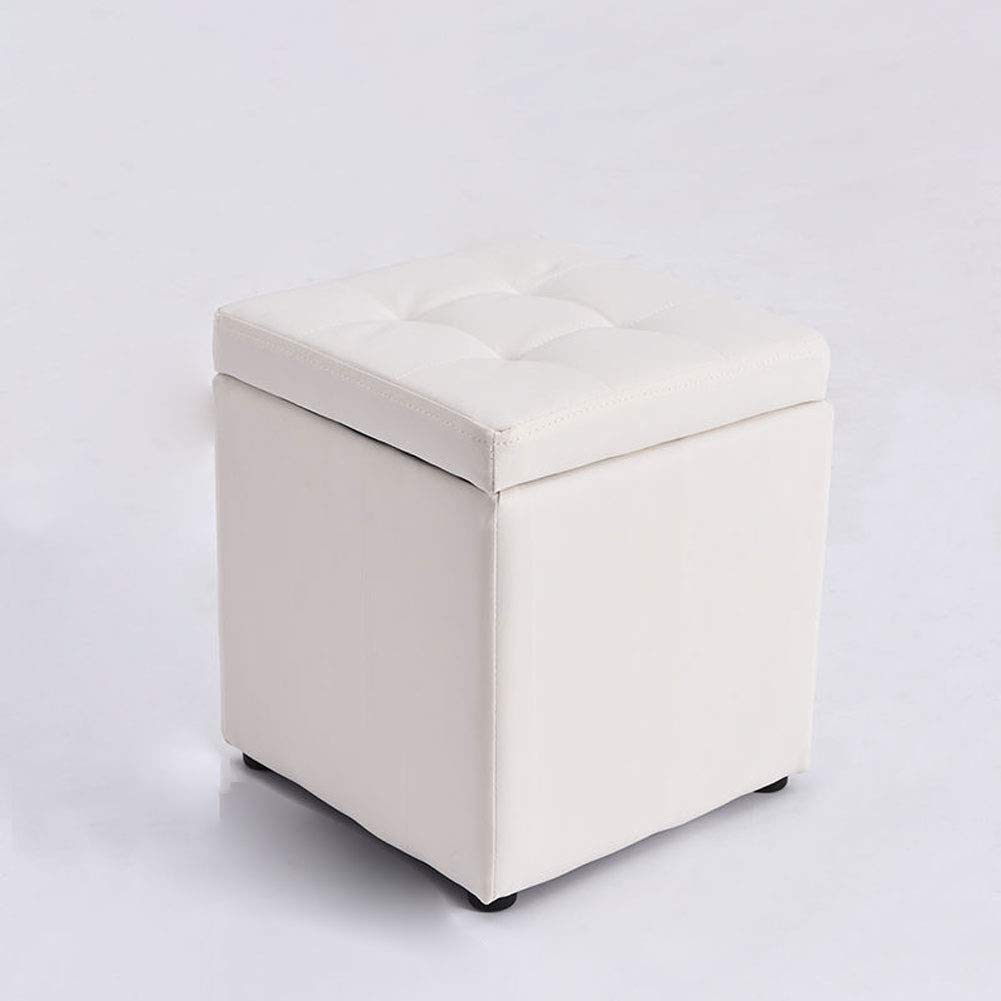 Repose-Pieds Ottoman en Cuir Tabouret Carré Bois Massif Salon Blanc