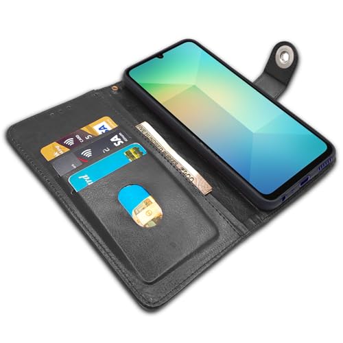 Image of Pikkme Flip Cover Leather Finish | Inside TPU with Card Pockets | Wallet Stand and Shock Proof | Complete Protection Button Flip Case for Samsung Galaxy A06 (Black)