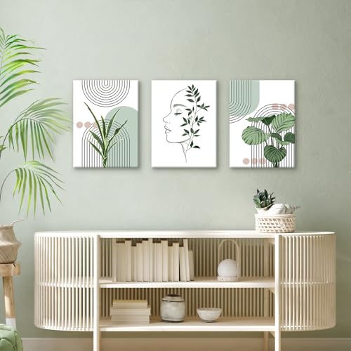 Tableau decoration murale boho sage vert en toile encadrée salon chic
