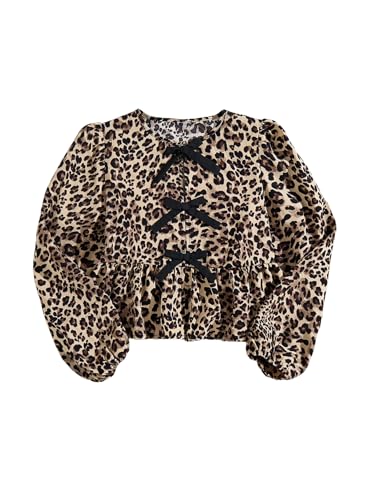 MakeMeChic Girl's Leopard Print Bow Blouse Crew Neck Ruffle Hem Long Sleeve Shirt Top