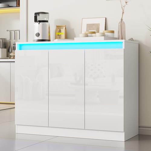 Furnify High Gloss Buffet Cabinet with LED Lights, Modern Sideboard Coffee Bar with 3 Doors, Handless Modern Sideboard Storage Cabinet for Living Room, Entryway, White