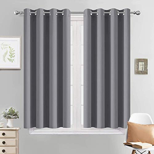 Yakamok Grey Blackout Curtains for Bedroom, Light Blocking Thermal Insulated Grommet Blackout Drapes for Living Room(52W by 45L, Grey, 2 Panels)