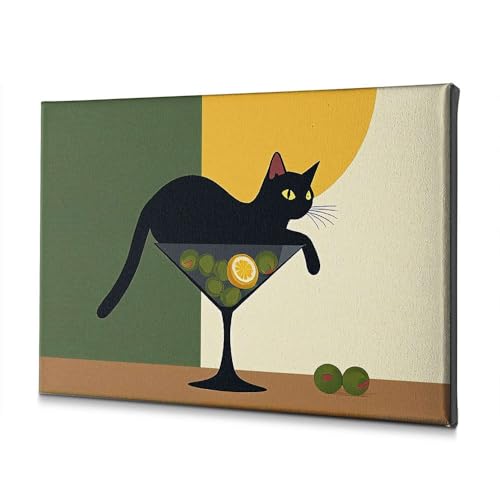 Toile chat noir verre à martini déco suspendue art félin salon