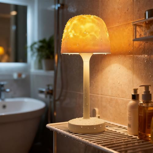 Waterproof Shower Lamp Cordless Rechargeable Shower Light with 16 Color Ocean Wave Lights Projector Rechargeable Bathroom Lamp with Touch & Remote Control Spa-Like Mood Light for Bathtub/Shower