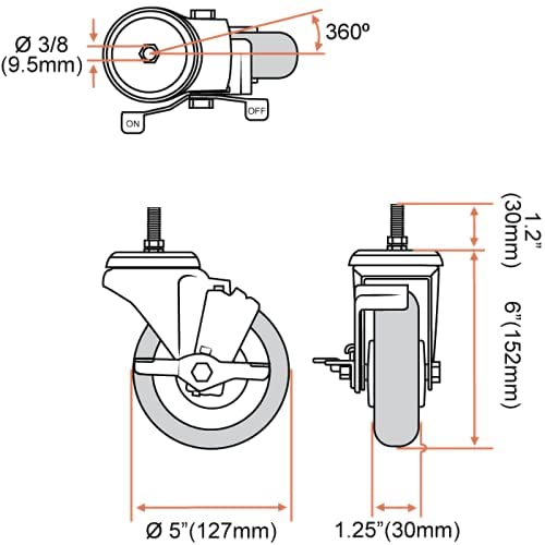 FactorDuty 5 Inch RED Caster Wheel With Side lock brake, Top lock 3/8