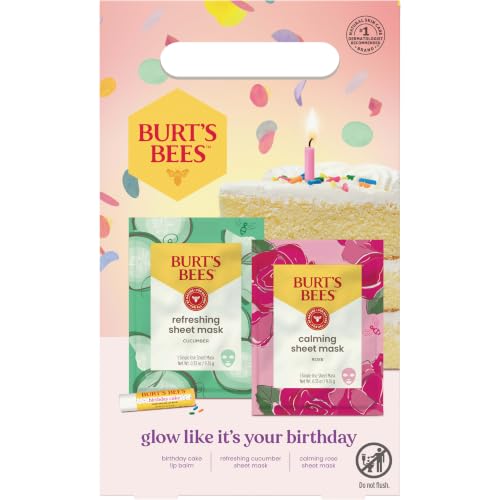 Burts Bees Birthday Kit, Birthday Cake Lip Balm, 100% naturally derived lip balm gift set, Refreshing Sheet Mask with Cucumber, Calming Sheet Mask with Rose, 0.15 oz./0.33 oz./0.33 oz.